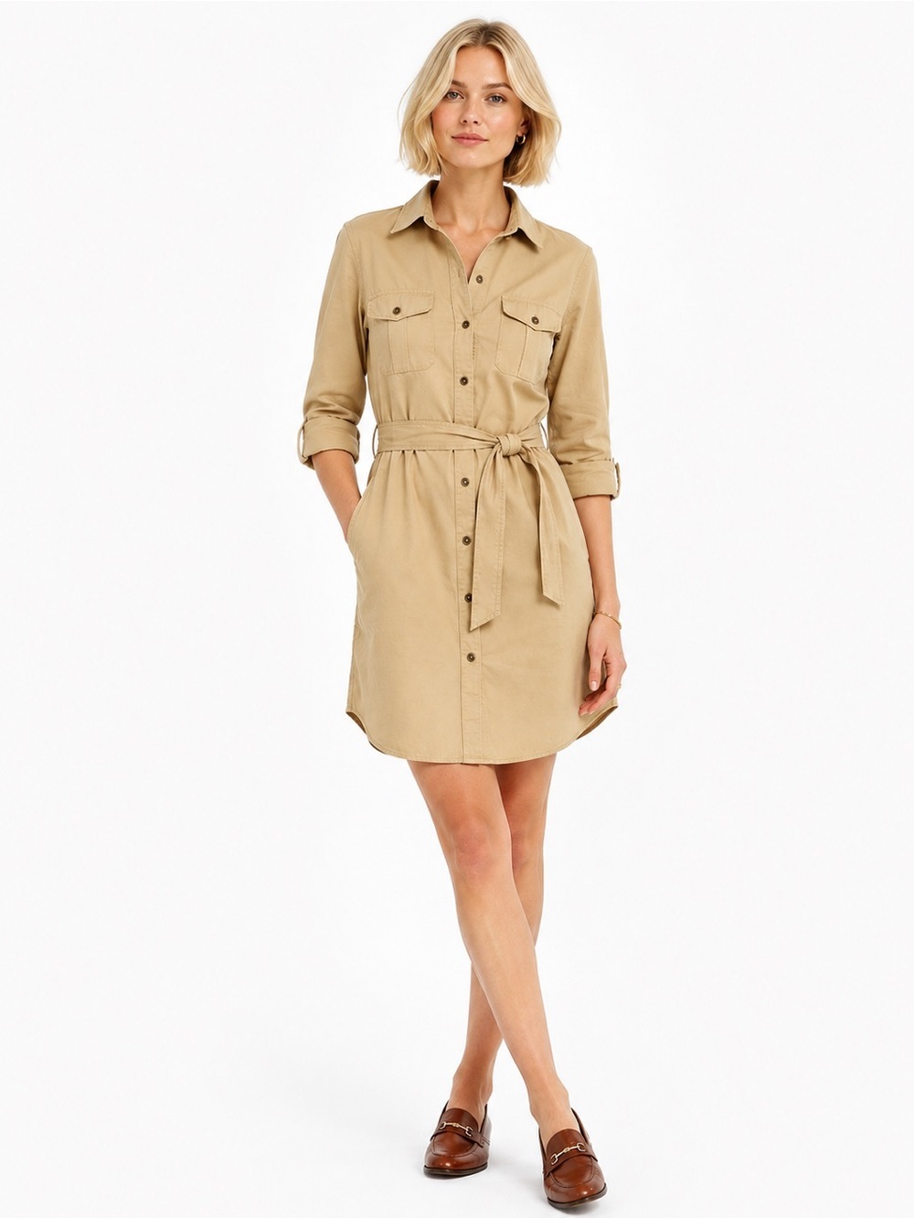Lauren Ralph Lauren khaki belted cotton utility shirtdress size medium